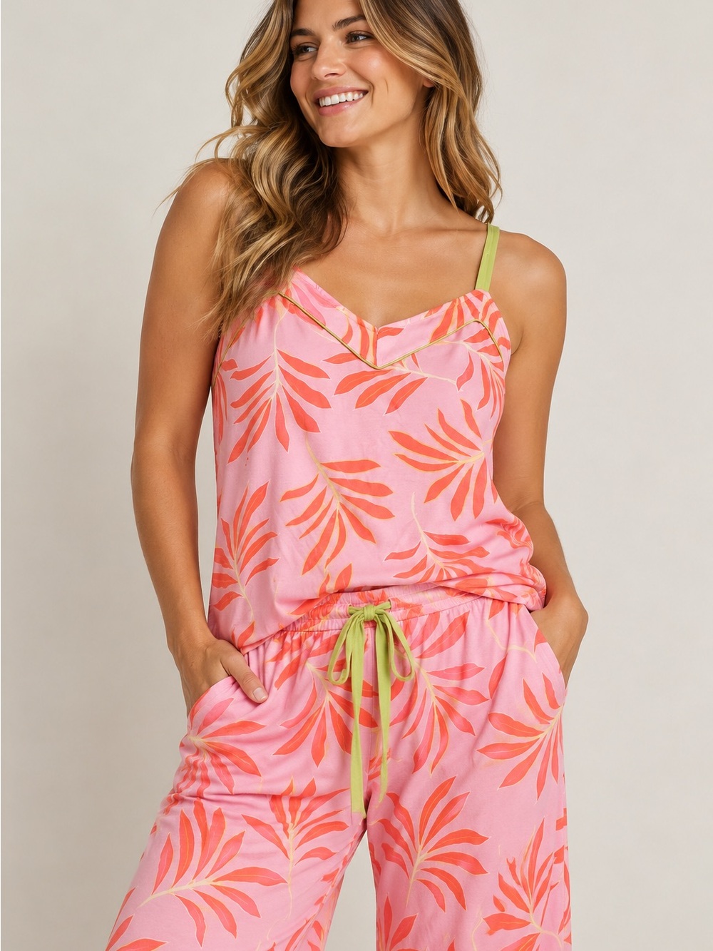 P.J. Salvage Pink Tropical Palm Print 2 Piece Pajama Lounge Set XL Ultra Soft